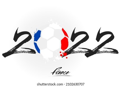 Numbers 2022 and a abstract soccer ball painted in the colors of the France flag. 2022 and flag of France in the form of a soccer ball made of blots. Vector illustration on isolated background