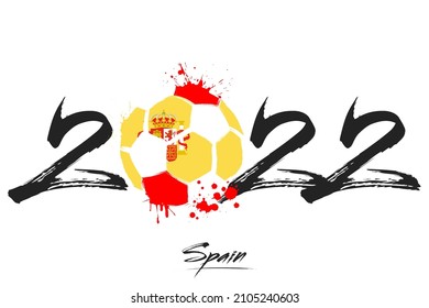 Numbers 2022 and a abstract soccer ball painted in the colors of the Spain flag. 2022 and flag of Spain in the form of a soccer ball made of blots. Vector illustration on isolated background