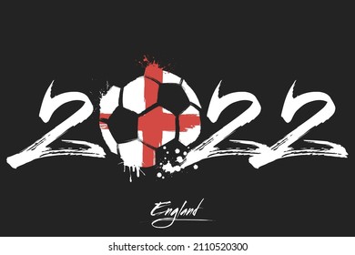 Numbers 2022 and a abstract soccer ball painted in the colors of the England flag. 2022 and flag of England in the form of a soccer ball made of blots. Vector illustration on isolated background