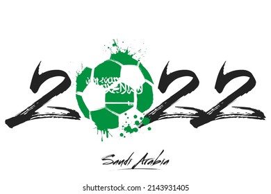 Numbers 2022 and a abstract soccer ball painted in the colors of the Saudi Arabia flag. 2022 and flag of Saudi Arabia in the form of a soccer ball made of blots. Vector illustration