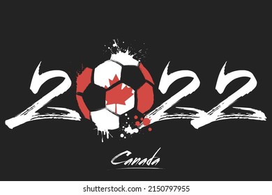 Numbers 2022 and a abstract soccer ball painted in the colors of the Ecuador flag. 2022 and flag of Ecuador in the form of a soccer ball made of blots. Vector illustration on isolated background