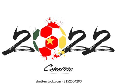 Numbers 2022 and a abstract soccer ball painted in the colors of the Cameroon flag. 2022 and flag of Cameroon in the form of a soccer ball made of blots. Vector illustration on isolated background
