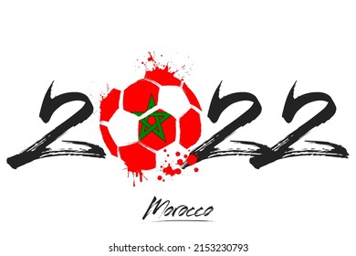 Numbers 2022 and a abstract soccer ball painted in the colors of the Moroccoa flag. 2022 and flag of Morocco in the form of a soccer ball made of blots. Vector illustration on isolated background