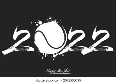 Numbers 2022 and a abstract tennis ball made of blots in grunge style. Design text logo Happy New Year 2022. Template for greeting card, banner, poster. Vector illustration on isolated background