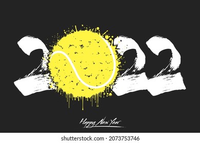 Numbers 2022 and a abstract tennis ball made of blots in grunge style. Design text logo Happy New Year 2022. Template for greeting card, banner, poster. Vector illustration on isolated background