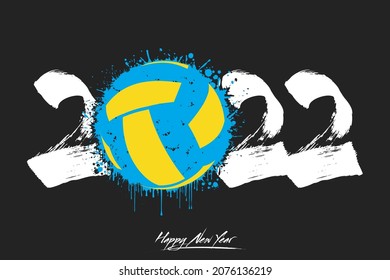 Numbers 2022 and a abstract volleyball ball made of blots in grunge style. Design text logo Happy New Year 2022. Template for greeting card, banner, poster. Vector illustration on isolated background