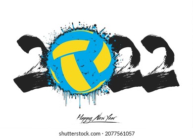 Numbers 2022 and a abstract volleyball ball made of blots in grunge style. Design text logo Happy New Year 2022. Template for greeting card, banner, poster. Vector illustration on isolated background