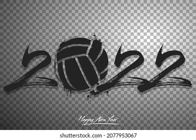 Numbers 2022 and a abstract volleyball ball made of blots in grunge style. Design text logo Happy New Year 2022. Template for greeting card, banner, poster. Vector illustration on isolated background