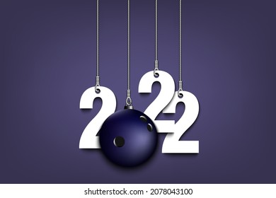 Numbers 2022 and bowling ball as a Christmas decorations are hanging on strings. New Year 2022 are hang on cords. Template design for greeting card. Vector illustration on isolated background