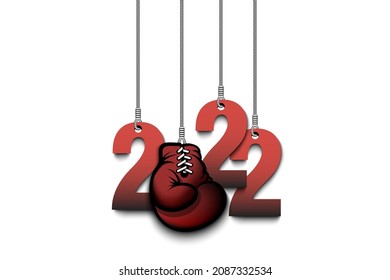 Numbers 2022 and boxing glove as a Christmas decorations are hanging on strings. New Year 2022 are hang on cords. Template design for greeting card. Vector illustration on isolated background