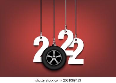 Numbers 2022 and car wheel as a Christmas decorations are hanging on strings. New Year 2022 are hang on cords. Template design for greeting card. Vector illustration on isolated background