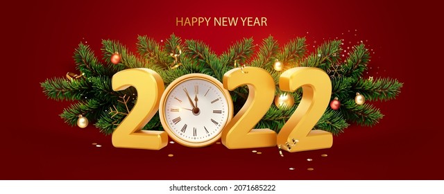 Zahlen 2022 mit Uhr. Weihnachtsgrenze von Weihnachtsbaum Zweige mit glitzernden goldenen Konfetti und Bälle. Realistische Vektorgrafik.