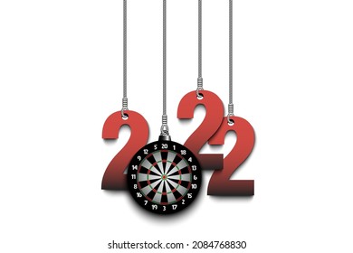 Numbers 2022 and dartboard as a Christmas decorations are hanging on strings. New Year 2022 are hang on cords. Template design for greeting card. Vector illustration on isolated background