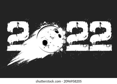 Numbers 2022 and flying abstract bowling ball made from blots with by milky way in grunge style. Happy New Year 2022. Design template for greeting card. Vector illustration on isolated background