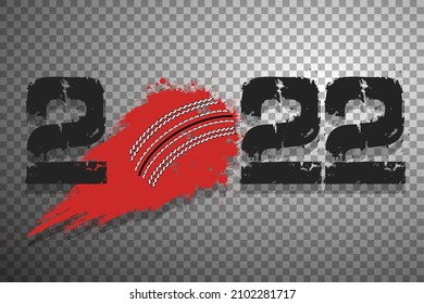 Numbers 2022 and flying abstract cricket ball made from blots with by milky way in grunge style. Happy New Year 2022. Design template for greeting card. Vector illustration on isolated background