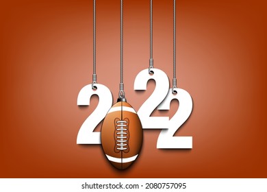 Numbers 2022 and football ball as a Christmas decorations are hanging on strings. New Year 2022 are hang on cords. Template design for greeting card. Vector illustration on isolated background