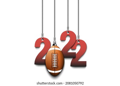 Numbers 2022 and football ball as a Christmas decorations are hanging on strings. New Year 2022 are hang on cords. Template design for greeting card. Vector illustration on isolated background