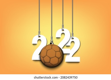 Numbers 2022 and handball ball as a Christmas decorations are hanging on strings. New Year 2022 are hang on cords. Template design for greeting card. Vector illustration on isolated background