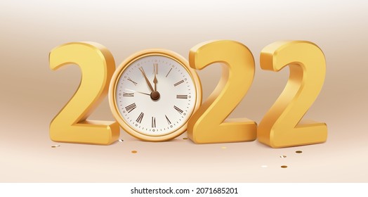 Numbers 2022. Happy New Year 2022. Xmas background with golden clock, glitter golden confetti. Realistic vector illustration