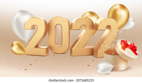 Numbers 2022. Happy New Year 2022. Xmas background with gift, glitter golden confetti and balloons. Realistic vector illustration