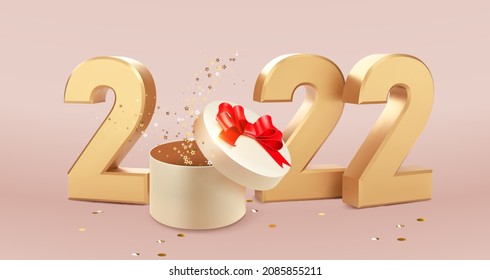 Numbers 2022. Happy New Year 2022. Xmas background with gift, glitter golden confetti. Realistic vector illustration