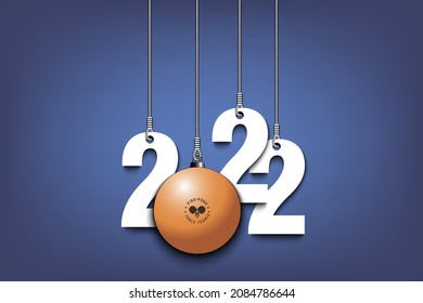 Numbers 2022 and ping-pong ball as a Christmas decorations are hanging on strings. New Year 2022 are hang on cords. Template design for greeting card. Vector illustration on isolated background