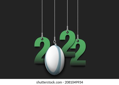 Numbers 2022 and rugby ball as a Christmas decorations are hanging on strings. New Year 2022 are hang on cords. Template design for greeting card. Vector illustration on isolated background