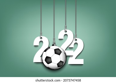 Numbers 2022 and soccer ball as a Christmas decorations are hanging on strings. New Year 2022 are hang on cords. Template design for greeting card. Vector illustration on isolated background
