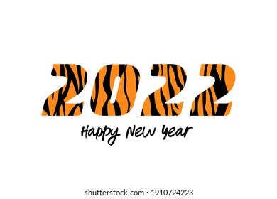 The numbers 2022 in the tiger pattern. Happy New Year lettering. Year of the Tiger. Striped 2022. Festive New Year greeting card. Vector illustration isolated on white background.