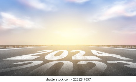 Numbers 2023 and 2024 written on empty road. Concept of change 2023 on 2024 year. Concept of planning, opportunities, hope and life change symbol in New 2024 Year. Vector illustration of highway.