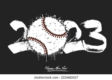 Numbers 2023 and a abstract baseball ball made of blots in grunge style. Design text logo Happy New Year 2023. Template for greeting card, banner, poster. Vector illustration on isolated background