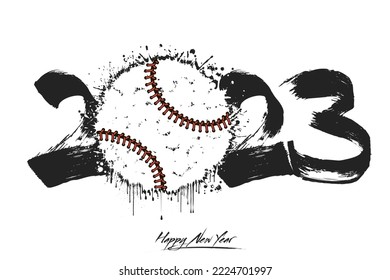 Números 2023 y una bola abstracta de béisbol hecha de manchas al estilo de grunge. Logo de texto de diseño Feliz Año Nuevo 2023. Plantilla para tarjeta de saludo, banner, afiche. Ilustración del vector en el fondo aislado