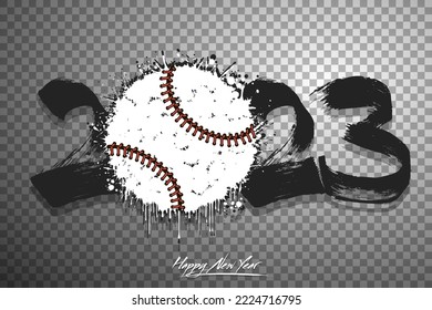 Numbers 2023 and a abstract baseball ball made of blots in grunge style. Design text logo Happy New Year 2023. Template for greeting card, banner, poster. Vector illustration on isolated background