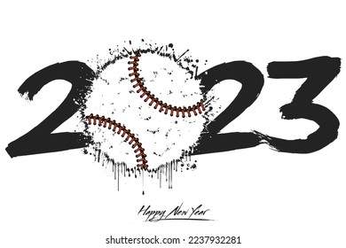 Numbers 2023 and a abstract baseball ball made of blots in grunge style. Design text logo Happy New Year 2023. Template for greeting card, banner, poster. Vector illustration on isolated background