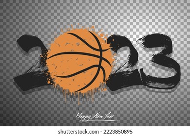 Numbers 2023 and a abstract basketball ball made of blots in grunge style. Design text logo Happy New Year 2023. Template for greeting card, banner, poster. Vector illustration on isolated background