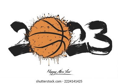 Numbers 2023 and a abstract basketball ball made of blots in grunge style. Design text logo Happy New Year 2023. Template for greeting card, banner, poster. Vector illustration on isolated background