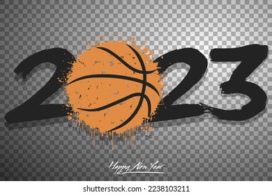 Numbers 2023 and a abstract basketball ball made of blots in grunge style. Design text logo Happy New Year 2023. Template for greeting card, banner, poster. Vector illustration on isolated background