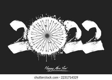 Numbers 2023 and a abstract bike wheel made of blots in grunge style. Design text logo Happy New Year 2023. Template for greeting card, banner, poster. Vector illustration on isolated background