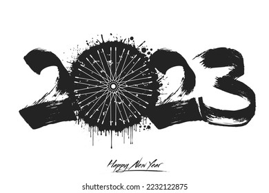 Numbers 2023 and a abstract bike wheel made of blots in grunge style. Design text logo Happy New Year 2023. Template for greeting card, banner, poster. Vector illustration on isolated background