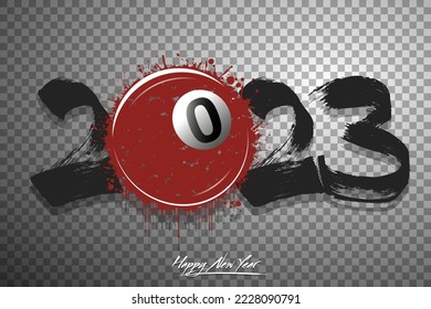 Números 2023 y una abstracta bola de billar hecha de manchas al estilo de grunge. Logo de texto de diseño Feliz Año Nuevo 2023. Plantilla para tarjeta de saludo, banner, afiche. Ilustración del vector en el fondo aislado