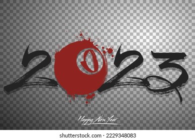 Números 2023 y una abstracta bola de billar hecha de manchas al estilo de grunge. Logo de texto de diseño Feliz Año Nuevo 2023. Plantilla para tarjeta de saludo, banner, afiche. Ilustración del vector en el fondo aislado