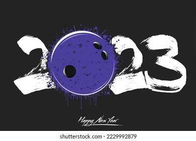 Numbers 2023 and a abstract bowling ball made of blots in grunge style. Design text logo Happy New Year 2023. Template for greeting card, banner, poster. Vector illustration on isolated background
