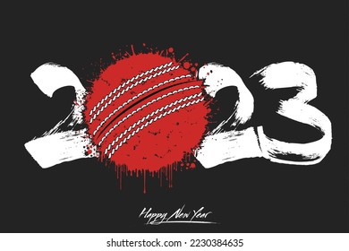 Numbers 2023 and a abstract cricket ball made of blots in grunge style. Design text logo Happy New Year 2023. Template for greeting card, banner, poster. Vector illustration on isolated background