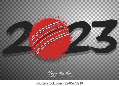Numbers 2023 and a abstract cricket ball made of blots in grunge style. Design text logo Happy New Year 2023. Template for greeting card, banner, poster. Vector illustration on isolated background