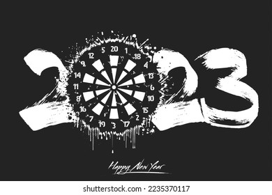 Numbers 2023 and a abstract dartboard made of blots in grunge style. Design text logo Happy New Year 2023. Template for greeting card, banner, poster. Vector illustration on isolated background