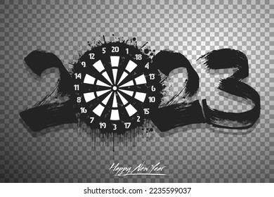 Numbers 2023 and a abstract dartboard made of blots in grunge style. Design text logo Happy New Year 2023. Template for greeting card, banner, poster. Vector illustration on isolated background
