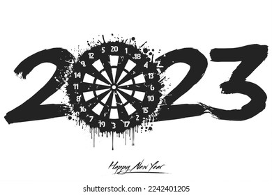 Numbers 2023 and a abstract dartboard made of blots in grunge style. Design text logo Happy New Year 2022. Template for greeting card, banner, poster. Vector illustration on isolated background