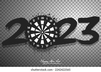 Numbers 2023 and a abstract dartboard made of blots in grunge style. Design text logo Happy New Year 2022. Template for greeting card, banner, poster. Vector illustration on isolated background