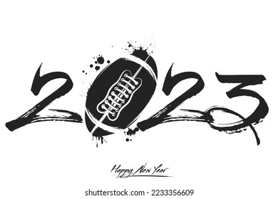 Numbers 2023 and a abstract football ball made of blots in grunge style. Design text logo Happy New Year 2023. Template for greeting card, banner, poster. Vector illustration on isolated background