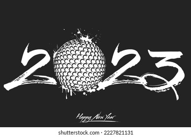 Números 2023 y una bola de golf abstracta hecha de manchas de estilo grunge. Logo de texto de diseño Feliz Año Nuevo 2023. Plantilla para tarjeta de saludo, banner, afiche. Ilustración del vector en el fondo aislado